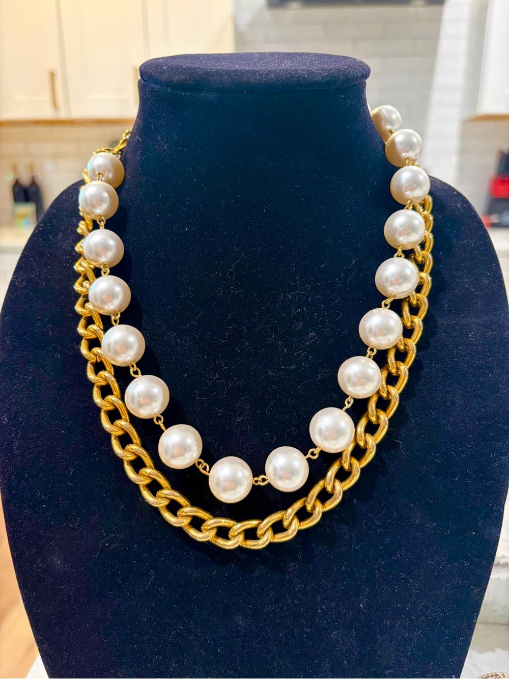 Heavy Gold Chain and White Pearl Statement Necklace 18”